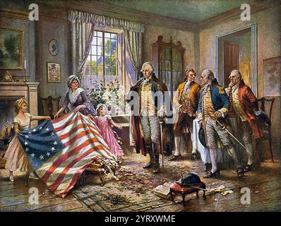 Die erste Flagge der 13 staaten der USA. Betsy Ross und zwei Kinder präsentieren George Washington und drei anderen Männern die „Betsy Ross Flagge“. 1787 Stockfoto