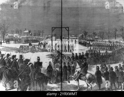 The Execution of Cook and Coppock; Charlestown, W. V., 17. Dezember 1859; Soldaten, die einen Galgen umgeben, an dem 2 der Harper's Ferry Raiders hängen. John Browns Angriff auf Harpers Ferry war ein Versuch des Abolitionisten John Brown vom 16. Bis 18. Oktober 1859, eine Sklavenrevolte in den südstaaten zu initiieren, indem er das Arsenal der Vereinigten Staaten bei Harpers Ferry, Virginia (seit 1863 in West Virginia) übernahm. Sie wurde als Kostümprobe oder tragischer Auftakt zum Amerikanischen Bürgerkrieg bezeichnet. Stockfoto