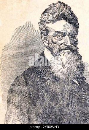 Lithographisches Porträt von Captain John Brown. Browns Angriff auf Harpers Ferry war ein Versuch des Abolitionisten John Brown vom 16. Bis 18. Oktober 1859, eine Sklavenrevolte in den südstaaten zu initiieren, indem er das Arsenal der Vereinigten Staaten bei Harpers Ferry, Virginia (seit 1863 in West Virginia) übernahm. Sie wurde als Kostümprobe oder tragischer Auftakt zum Amerikanischen Bürgerkrieg bezeichnet. Stockfoto