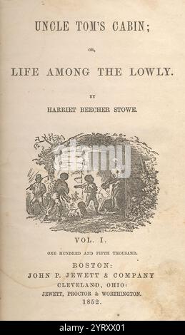 Titelbild von Hammatt Billings für Uncle Tom's Cabin [First Edition: Boston: John P. Jewett and Company, 1852]. Zeigt Charaktere von Chloe, Mose, Pete, Baby, Tom. Oncle Tom's Cabin; OR, Life Amony the Lowly ist ein Roman der US-amerikanischen Autorin Harriet Beecher Stowe. Der 1852 in zwei Bänden veröffentlichte Roman hatte einen tiefgreifenden Einfluss auf die Einstellung zu Afroamerikanern und die Sklaverei in den USA S Stockfoto