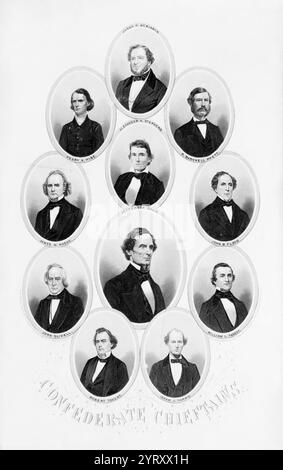 Konföderierte Führungskräfte. Kopf-und-Schulter-Porträts in ovalen, von Judah P. Benjamin, Henry A. Wise, R. Barnwell Rhett, Alexander H. Stephens, James M. Mason, Jefferson Davis, John B. Floyd, John Slidell, William L. Yancey, Robert Toombs, und Isham G. Harris. Stockfoto