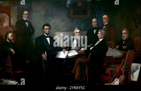 First Reading of the Emancipation Proclamation of President Lincoln ist ein Ölgemälde von Francis Bicknell Carpenter aus dem Jahr 1864. Carpenter stellt Abraham Lincoln, den 16. Präsidenten der Vereinigten Staaten, und seine Kabinettsmitglieder vor, die am 1. Januar 1863 die Emanzipationsproklamation vorlesen, die die Freiheit der Sklaven in den zehn staaten in Rebellion gegen die Union im Amerikanischen Bürgerkrieg verkündete.[1] Lincoln übergab die vorläufige Emanzipationsproklamation am 22. Juli an sein Kabinett und veröffentlichte sie am 22. September 1862. September 1862. Die endgültige Emanzipationsproklamation nahm an Stockfoto