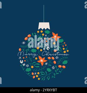 Merry Christmas Tree Spielzeugform Karte, Flyer, Banner Vorlage. Einfacher Weihnachtsball mit Blumenmuster und Text. Vektorhintergrund. Stock Vektor