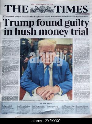 Mai 2024. Die Zeitung berichtet über das "Schuldspruch", das vor Gericht gegen den ehemaligen US-Präsidenten Donald Trump nach einem "Hush Money"-Prozess gefällt wurde. Stockfoto