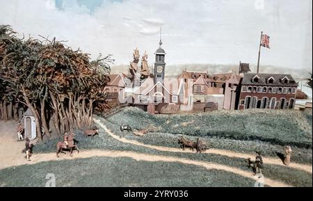 Diorama-Modell, das eine niederländische Kolonialsiedlung in Paramaribo, Suriname oder Niederländisch-Guyana darstellt. Um 1810 Stockfoto