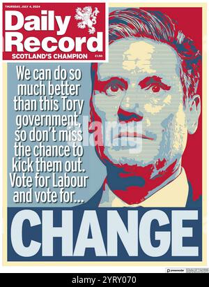 Scottish Daily Record unterstützt den Labour Leader Sir Kier Starmer bei der Wahl zum Premierminister am Vorabend der Parlamentswahlen 2024 Stockfoto