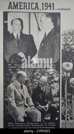 Henry Morgenthau, Jr. mit seinem Vater Henry Morgenthau. Henry Morgenthau, Jr. (11. Mai 1891 - 6. Februar 1967) war während der meisten Regierungszeit von Franklin D. Roosevelt Finanzminister der Vereinigten Staaten. Er spielte eine wichtige Rolle bei der Konzeption und Finanzierung des New Deal. Nach 1937, während er noch für das Finanzministerium verantwortlich war, spielte er die zentrale Rolle bei der Finanzierung der Teilnahme der Vereinigten Staaten am Zweiten Weltkrieg Henry Morgenthau (26. April 1856 - 25. November 1946) war ein in Deutschland geborener amerikanischer Rechtsanwalt und Geschäftsmann, der vor allem für seine Rolle als Botschafter im Osmanischen Reich während der WOR bekannt war Stockfoto