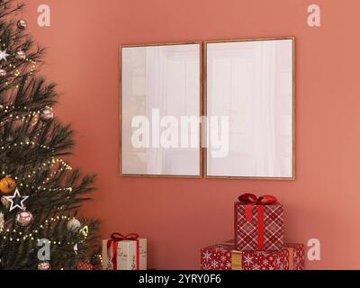 Zwei Rahmen im weihnachtlich eingerichteten Wohnzimmer mit Weihnachtsbaum und Geschenkboxen. 2 leere Poster, Galerie-Portemonnaie-Set. Stockfoto