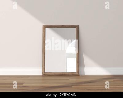 Holzrahmenmock auf Holzboden mit Lichtreflektion, leeres Postermotiv in neutraler und minimalistischer Inneneinrichtung. 3D-Rendering. Stockfoto
