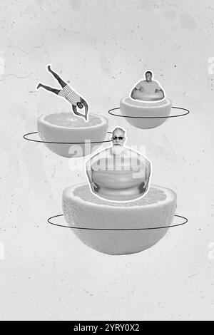 Vertikales Collagenbild von aufgeregten kleinen Menschen Schwarzweiß-Gamma-Sprung halbe orangefarbene Frucht isoliert auf kreativem Hintergrund Stockfoto