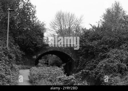 Romsey, Southampton, England. November 2024. Graustufenansicht einer Brücke, die über einen Fluss und einen Fußweg führt. Stockfoto