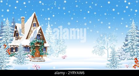 Schneebedecktes Haus für Weihnachten Winternacht dekoriert. Wintergarten, schneebedecktes Anwesen. Schneeflocken. Stock Vektor
