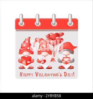 Kalenderseite für Happy Valentine Day mit Illustration Cartoon Gnomes. Drei Gnome mit Ballons und Geschenken in Form eines Herzens Stock Vektor