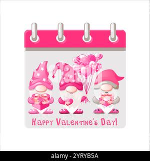 Kalender für Happy Valentine Day mit Illustration Cartoon Gnomes. Drei Gnome mit Ballons und Geschenken in Form eines Herzens Stock Vektor