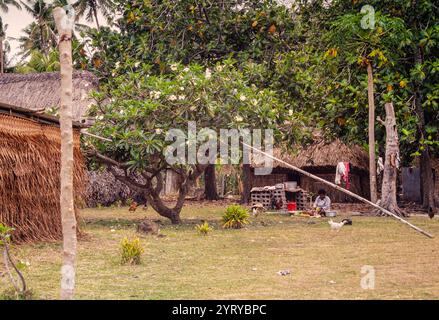 Blick auf Yasawa-i-Rara, ein abgelegenes Dorf auf den Yasawa-Inseln in Fidschi. Archivfoto aus dem Jahr 1991, das die traditionellen strohgedeckten Häuser im Dorf zeigt. Stockfoto