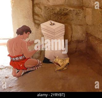 Ruinen des römischen Amphitheaters, Bayt Jibrin (Beit Guvrin), Israel. Im 8. Jahrhundert v. Chr. war das Dorf Teil des Königreichs Juda. Nach den Wirren des ersten jüdisch-römischen Krieges und dem Aufstand in Bar Kokhba wurde die Stadt unter dem Namen Eleutheropolis zu einer blühenden römischen Kolonie und einem wichtigen Verwaltungszentrum. Das Gelände wurde 1863 von Victor Guerin ausgegraben. Stockfoto