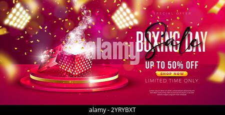 Weihnachtsfeiertag Sale Design mit Geschenkbox auf Podium und goldener Weihnachtsball auf rotem Hintergrund. Urlaub Vektor Business Illustration mit Sonderangebot Stock Vektor