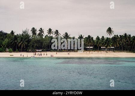 Blick auf die Insel Nanuya Lailai, eine der Yasawa-Inseln von Fidschi, vom Meer aus gesehen. Die Insel hat einen Sandstrand und Palmen. Archivfoto aus dem Jahr 1991. Stockfoto