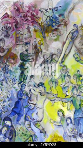 Wandteppich in der Chagall State Hall, in der Knesset (Parlamentsgebäude), in Jerusalem, Israel. Benannt nach dem in Russland geborenen jüdischen Künstler Marc Chagall (1887–1985). Die Halle beherbergt Gobelins (Wandteppiche), die von Chagall an der Ostwand entworfen wurden. Sie wurden am 18. Juni 1969 in Anwesenheit des Staatspräsidenten gehängt. Die Wandteppiche zeigen biblische Motive, Motive aus Chagalls Kindheit in Witebsk in Russland und Motive aus der modernen jüdischen Geschichte. Stockfoto