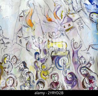 Wandteppich in der Chagall State Hall, in der Knesset (Parlamentsgebäude), in Jerusalem, Israel. Benannt nach dem in Russland geborenen jüdischen Künstler Marc Chagall (1887–1985). Die Halle beherbergt Gobelins (Wandteppiche), die von Chagall an der Ostwand entworfen wurden. Sie wurden am 18. Juni 1969 in Anwesenheit des Staatspräsidenten gehängt. Die Wandteppiche zeigen biblische Motive, Motive aus Chagalls Kindheit in Witebsk in Russland und Motive aus der modernen jüdischen Geschichte. Stockfoto