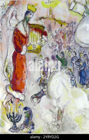 Wandteppich in der Chagall State Hall, in der Knesset (Parlamentsgebäude), in Jerusalem, Israel. Benannt nach dem in Russland geborenen jüdischen Künstler Marc Chagall (1887–1985). Die Halle beherbergt Gobelins (Wandteppiche), die von Chagall an der Ostwand entworfen wurden. Sie wurden am 18. Juni 1969 in Anwesenheit des Staatspräsidenten gehängt. Die Wandteppiche zeigen biblische Motive, Motive aus Chagalls Kindheit in Witebsk in Russland und Motive aus der modernen jüdischen Geschichte. Stockfoto