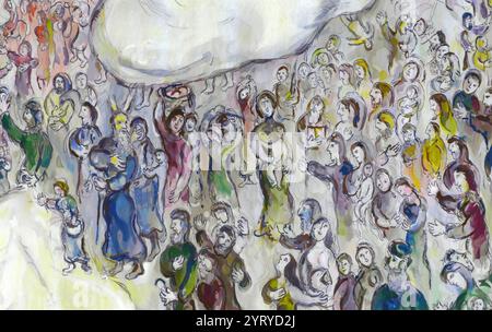 Wandteppich in der Chagall State Hall, in der Knesset (Parlamentsgebäude), in Jerusalem, Israel. Benannt nach dem in Russland geborenen jüdischen Künstler Marc Chagall (1887–1985). Die Halle beherbergt Gobelins (Wandteppiche), die von Chagall an der Ostwand entworfen wurden. Sie wurden am 18. Juni 1969 in Anwesenheit des Staatspräsidenten gehängt. Die Wandteppiche zeigen biblische Motive, Motive aus Chagalls Kindheit in Witebsk in Russland und Motive aus der modernen jüdischen Geschichte. Stockfoto