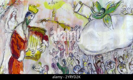 Wandteppich in der Chagall State Hall, in der Knesset (Parlamentsgebäude), in Jerusalem, Israel. Benannt nach dem in Russland geborenen jüdischen Künstler Marc Chagall (1887–1985). Die Halle beherbergt Gobelins (Wandteppiche), die von Chagall an der Ostwand entworfen wurden. Sie wurden am 18. Juni 1969 in Anwesenheit des Staatspräsidenten gehängt. Die Wandteppiche zeigen biblische Motive, Motive aus Chagalls Kindheit in Witebsk in Russland und Motive aus der modernen jüdischen Geschichte. Stockfoto