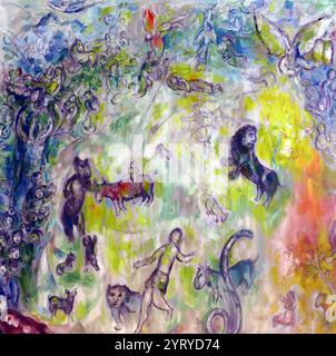 Wandteppich in der Chagall State Hall, in der Knesset (Parlamentsgebäude), in Jerusalem, Israel. Benannt nach dem in Russland geborenen jüdischen Künstler Marc Chagall (1887–1985). Die Halle beherbergt Gobelins (Wandteppiche), die von Chagall an der Ostwand entworfen wurden. Sie wurden am 18. Juni 1969 in Anwesenheit des Staatspräsidenten gehängt. Die Wandteppiche zeigen biblische Motive, Motive aus Chagalls Kindheit in Witebsk in Russland und Motive aus der modernen jüdischen Geschichte. Stockfoto