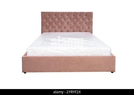 Doppelbett mit weichem Kopfteil. Gepolsterte Möbel. Stockfoto