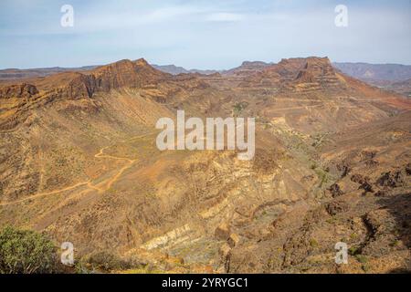 Blick vom Aussichtspunkt Degollade Las Yeguas auf Gran Canaria Spanien . Von hier hat man einen Panoramablick auf die Fataga-Schlucht und auf die Straße GC-60, die sich durch die landschaft schlängelt. Fataga-Schlucht *** Blick vom Aussichtspunkt Degollade Las Yeguas auf Gran Canaria Spanien von hier aus haben Sie einen Panoramablick auf die Fataga-Schlucht und die GC 60-Straße, die sich durch die Landschaft der Fataga-Schlucht schlängelt Stockfoto