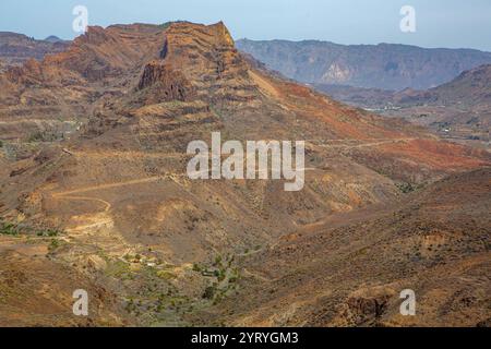 Blick vom Aussichtspunkt Degollade Las Yeguas auf Gran Canaria Spanien . Von hier hat man einen Panoramablick auf die Fataga-Schlucht und auf die Straße GC-60, die sich durch die landschaft schlängelt. Fataga-Schlucht *** Blick vom Aussichtspunkt Degollade Las Yeguas auf Gran Canaria Spanien von hier aus haben Sie einen Panoramablick auf die Fataga-Schlucht und die GC 60-Straße, die sich durch die Landschaft der Fataga-Schlucht schlängelt Stockfoto