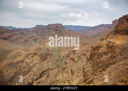 Blick vom Aussichtspunkt Degollade Las Yeguas auf Gran Canaria Spanien . Von hier hat man einen Panoramablick auf die Fataga-Schlucht und auf die Straße GC-60, die sich durch die landschaft schlängelt. Fataga-Schlucht *** Blick vom Aussichtspunkt Degollade Las Yeguas auf Gran Canaria Spanien von hier aus haben Sie einen Panoramablick auf die Fataga-Schlucht und die GC 60-Straße, die sich durch die Landschaft der Fataga-Schlucht schlängelt Stockfoto