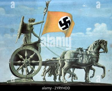 Siegesstatue vom Brandenburger Tor mit Nazi-Flagge verziert. Illustration aus einem Nazi-Album um 1937 Stockfoto