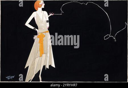 Wo es Rauch gibt, gibt es Feuer von dem amerikanischen Künstler Russell Patterson (1893-1977). Abendfüllende Illustration eines modisch gekleideten Flappers Stockfoto