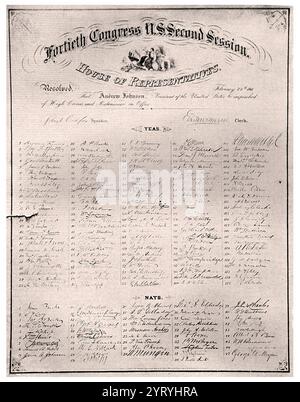 Kopie der Resolution des Repräsentantenhauses zur Amtsenthebung von Präsident Johnson, verabschiedet am 24. Februar 1868 die Amtsenthebung von Andrew Johnson wurde am 24. Februar 1868 eingeleitet, als das Repräsentantenhaus der Vereinigten Staaten eine Resolution verabschiedete, um Andrew Johnson, den 17. Präsidenten der Vereinigten Staaten, wegen "hoher Verbrechen und Vergehen" zu Amtsenthebung zu verurteilen. Die angeblichen hohen Verbrechen und Vergehen wurden in elf vom Parlament 1868 angenommenen Artikeln über die Amtsenthebung beschrieben. Die Hauptanklage gegen Johnson war, dass er gegen den Tenure of Office Act verstoßen habe. Insbesondere, dass er versucht hatte, Edwin Stanto aus dem Amt zu entfernen Stockfoto