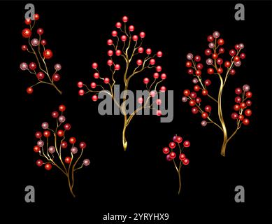 Set aus Rot, Schmuck, glänzenden Zweigen von Winterberry Holly auf schwarzem Hintergrund. Schmuck rote Winterberry Holly. Winter-Naturdekoration. Stock Vektor