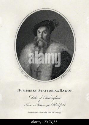 Humphrey Stafford, 1. Duke of Buckingham, 6. Earl of Stafford, war ein englischer Militärkommandeur im Hundertjährigen Krieg und in den Rosenkriegen. Er fungierte als Leibwächter des Königs und Chefunterhändler während Jack Cades Rebellion von 1450 und half dabei, ihn zu unterdrücken. Als der Cousin des Königs Richard, Duke of York, zwei Jahre später rebellierte, untersuchte Stafford Yorks Anhänger. 1453 erkrankte der König und sank in einen katatonischen Staat; Recht und Ordnung brachen weiter zusammen und als 1455 der Bürgerkrieg begann, kämpfte Stafford für den König in der ersten Schlacht von St. Albans, die die Kriege der Vereinigten Staaten begann Stockfoto