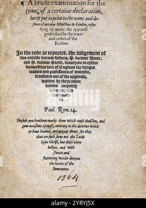 Titelseite von "A Briefe Examination for the Tyme, of a certaine Declaration, weigert sich, die Kleidung zu tragen, die von den Gesetzen und Ordnungen des Reiches vorgeschrieben ist", erste Ausgabe, 1566. Stockfoto