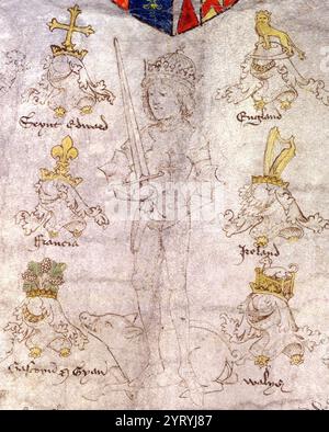 Detail aus dem Rous Roll, der Richard III. In Rüstung zeigt, der ein Schwert in der rechten Hand und eine Kugel in der linken Hand hält, ein Eber zu seinen Füßen und sechs helme und Wappen daneben. Stockfoto