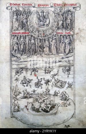 Bild 10 von World Chronicle with the Descent of the Kings of England from Adam and Eva to Richard III. Diese Manuskript, die um 1500 in London produziert wurde, zeichnet die Genealogie der Könige von England von Adam und Eva bis Richard III. Nach der Manuskripte von William Caxton (um 1422 bis 92), dem ersten englischen Drucker, nach. Der Band ist in englischer Sprache auf Pergament geschrieben und hat noch seine ursprüngliche braune Kalbbindung. Illustrationen sind meist große Kompositionen in Stift und Tinte und enthalten Bilder des letzten Gerichts und des Falls der rebellischen Engel, der Schöpfung, des Falls Adams und Evas und Noahs Stockfoto