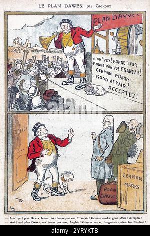 Französische satirische Karikaturen über den Dawes-Plan. Der Plan regelte teilweise die Frage der Wiedergutmachung, die Deutschland den Alliierten des Ersten Weltkriegs schuldete. Der 1924 eingeführte Plan beendete die Krise in der europäischen Diplomatie, nachdem französische und belgische Truppen das Ruhrgebiet besetzt hatten, weil Deutschland seinen Wiedergutmachungspflichten nicht nachgekommen war. Der Plan sah einen Zeitplan für die Auszahlung von Reparationen vor und bot ein großes Darlehen zur Stabilisierung der deutschen Währung an. Stockfoto