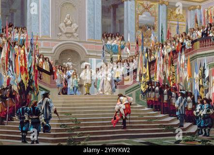 Empfang des Grand Cond? Von Louis XIV. In Versailles von Jean-L?on G?r?me, gemalt 1878. Es repräsentiert den Empfang von Louis II. De Bourbon-Cond? Von Ludwig XIV., im Schloss von Versailles, am Fuße des Escalier des Ambassadeurs. In diesem Gemälde zeigte er die Komödie der Macht, durch die verspätete Treue des Prinzen zu seinem König. Stockfoto