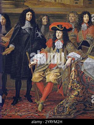 König Ludwig XIV. Von Frankreich (Mitte, sitzend) mit seinem Minister Colbert (schwarzes Gewand, stehend) während der Gründung des Acad?mie des Sciences (1667) durch Henri Testelin (1616?1695) Stockfoto