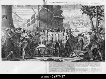 Handel zwischen den Indianern Mexikos und den Franzosen im Hafen von Mississippi. Im 18. Jahrhundert bedeckte das französische Louisiana-Territorium rund 20 heutige US-bundesstaaten. 1682 von Robert Cavalier de La Salle erkundet und benannt, wurde es ab 1699 kolonisiert. In diesem Jahr befahlen König Ludwig XIV. Und sein Minister Pontchartrain Pierre Le Moyne d’Iberville mit Unterstützung seines Bruders Jean Baptiste Le Moyne de Bienville, eine dauerhafte Siedlung an der Mündung des Mississippi zu bilden, um möglichen britischen Übergriffen entgegenzuwirken. Stockfoto