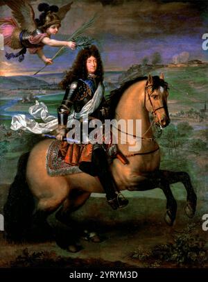 Ludwig XIV. Zu Pferd gekrönt mit Victory vor der Belagerung von Namur. Pierre Mignard I (1612?1695) von Pierre Mignard I (1612?1695). Ludwig XIV. War von 1638 bis 1715 König von Frankreich. Die Belagerung von Namur am 25. Mai 30. Juni 1692 war ein wichtiges Ereignis des Neunjährigen Krieges. Stockfoto