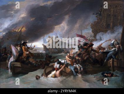 Die Schlacht von La Hogue bei Benjamin West (1738?1820). Die Schlacht von La Hougue fand während des Neunjährigen Krieges 1692 in Cherbourg und Saint-Vaast-la-Hougue in der Normandie statt. Die englisch-niederländische Flotte verfolgte die in der Unterzahl unterlegenen Franzosen in die Häfen Cherbourg und La Hougue, zerstörte insgesamt 15 Schiffe und beendete die Bedrohung für England. Lackiert um 1778 Stockfoto