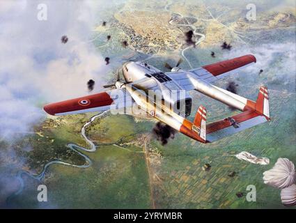 Dieses Gemälde dokumentiert Luftoperationen der Zivilluftfahrt (CAT, eine Agentur proprietär) und ihrer CIA-Vertragspiloten zur Unterstützung der französischen Streitkräfte in Dien Bien Phu während der letzten Tage des Konflikts zwischen den Franzosen und Vietnam im Jahr 1954. Ein Fairchild C-119-Flugzeug mit Markierungen der US-Luftwaffe, die mit französischen Luftwaffe-Roundels überstrichen sind, wirft Vorräte vom französischen Luftwaffenstützpunkt Haiphong auf das Schlachtfeld. Gemalt 2006 von Jeffrey W. Bass Stockfoto