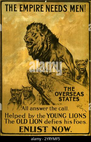 Poster zum Ersten Weltkrieg. Das Plakat wurde von Arthur Wardle entworfen und fordert Männer aus Ländern des britischen Empire auf, sich in die britische Armee einzuziehen. 1915 Stockfoto