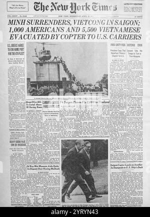 Die Titelseite der New York Times berichtet über den Sturz Saigons an die nordvietnamesischen Truppen im Jahr 1975. Stockfoto