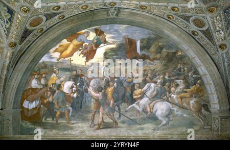 Das Treffen von Leo I. und Attila ist ein Fresko des italienischen Renaissance-Künstlers Raphael. Es wurde von 1513 bis 1514 im Rahmen von Raffael' auftrag zur Dekoration der Räume, die heute als Stanze di Raffaello bekannt sind, im Apostolischen Palast im Vatikan gemalt. Sie befindet sich in der Stanza di Eliodoro, die nach der Vertreibung von Heliodorus aus dem Tempel benannt wurde. Das Gemälde zeigt die Begegnung zwischen Papst Leo I. und Attila dem Hunnen, die 452 in Norditalien stattfand. Raphael änderte das Bild, um dem neuen Papst Leo X. zu ähneln Stockfoto